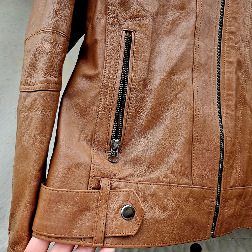 Classic Tan Cognac Supple LAMBSKIN Leather Biker Jacket MOTO size XXL Unisex - Picture 5 of 8